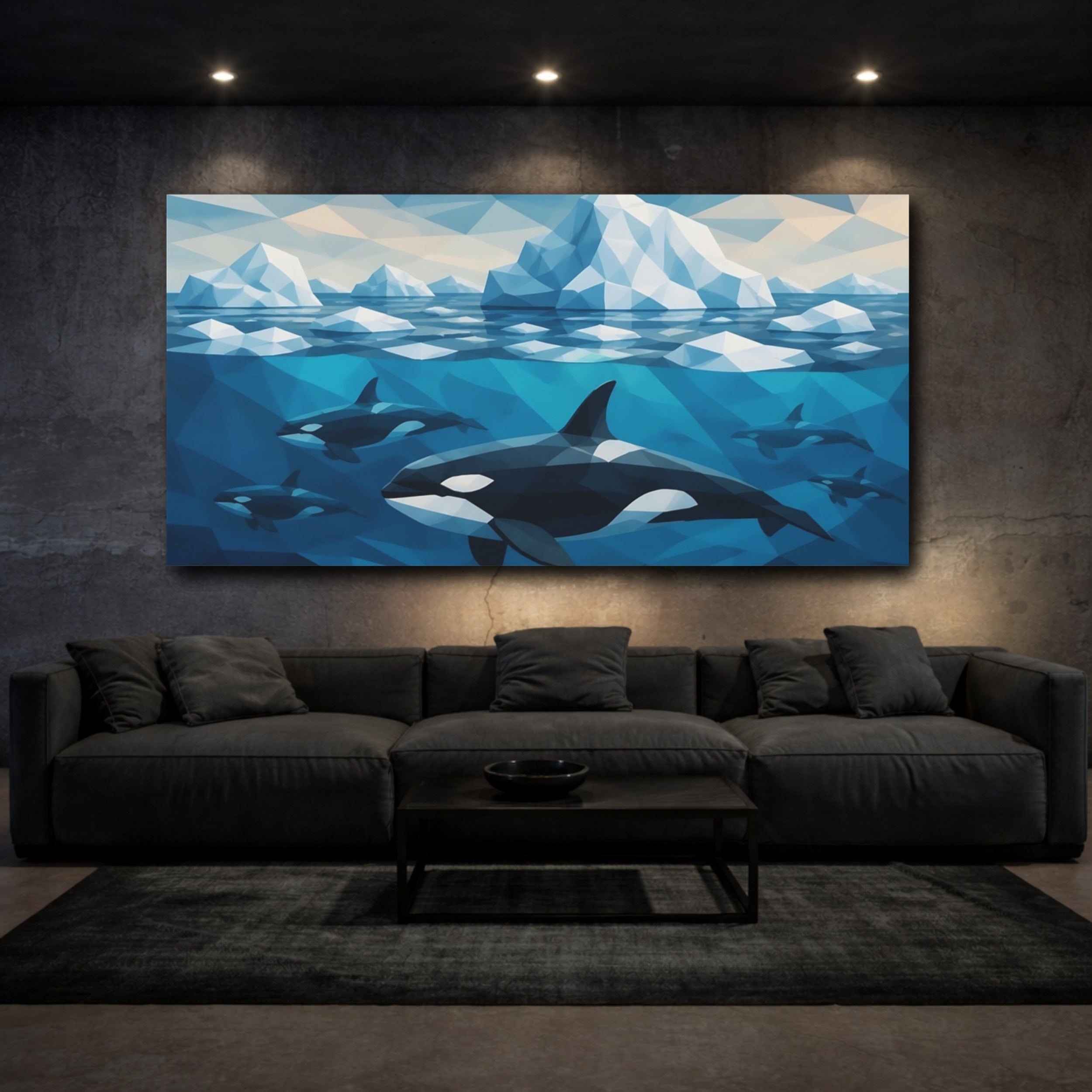 Mockup 3. Animals Orca Pod Among Icebergs shown as canvas print