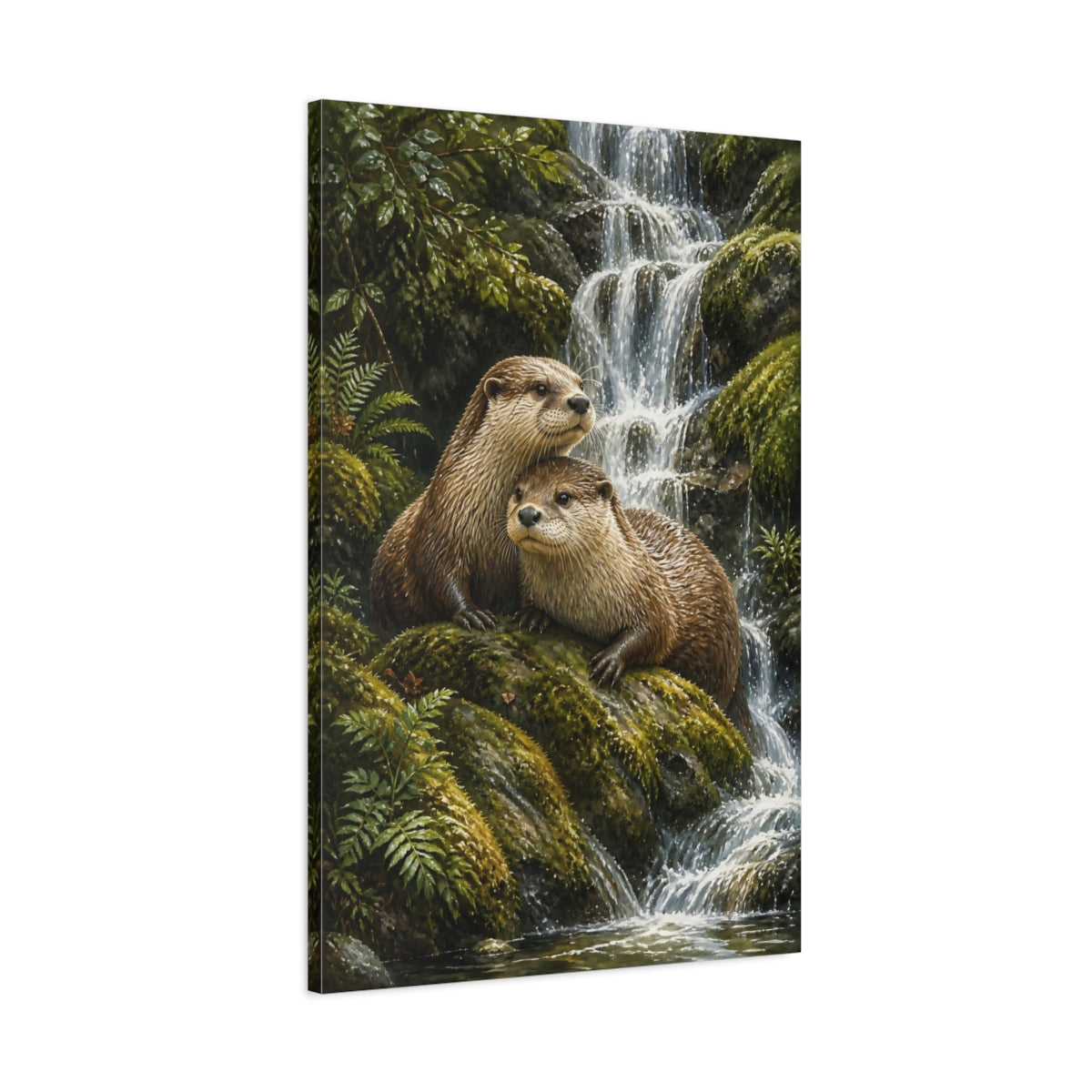 Main Mockup. Animals Otter Pair By Waterfall shown as canvas print