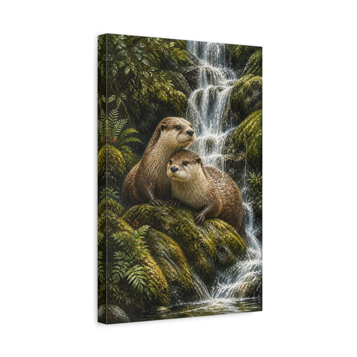 Side Mockup 4. Animals Otter Pair By Waterfall shown as canvas print