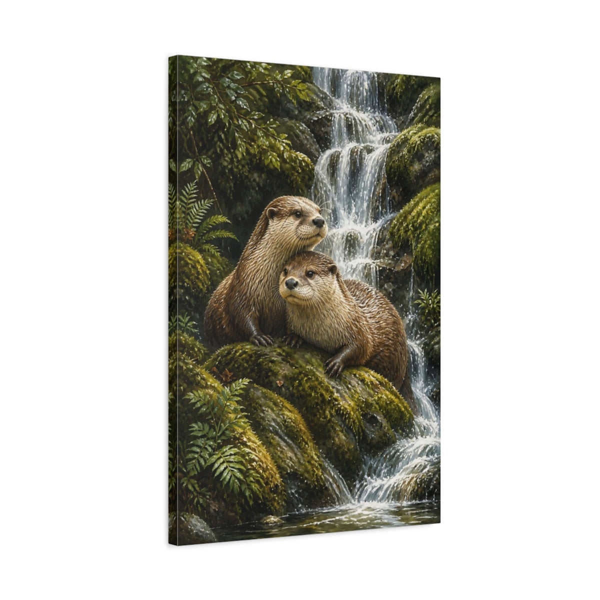 Side Mockup 2. Animals Otter Pair By Waterfall shown as canvas print