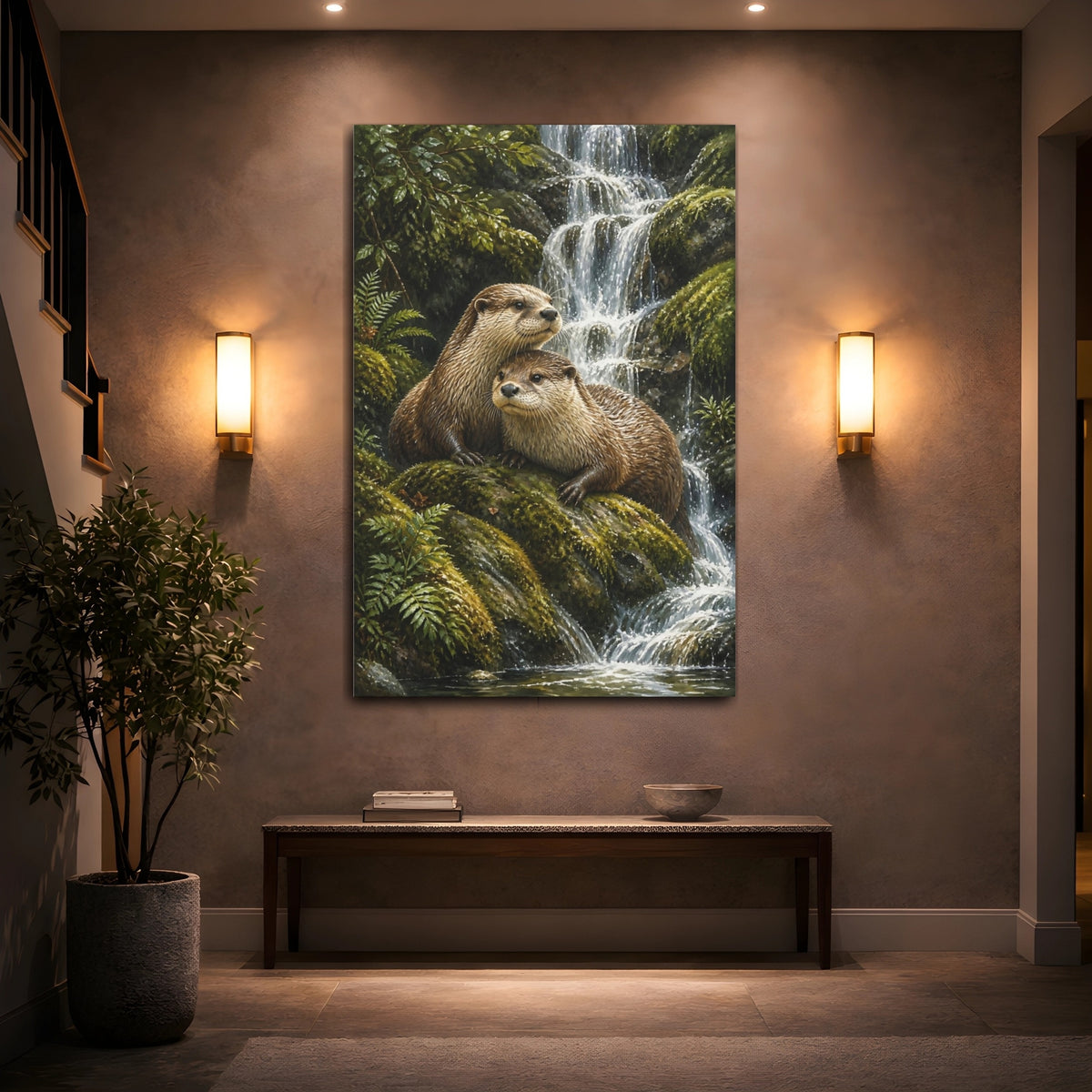 Mockup 2. Animals Otter Pair By Waterfall shown as canvas print
