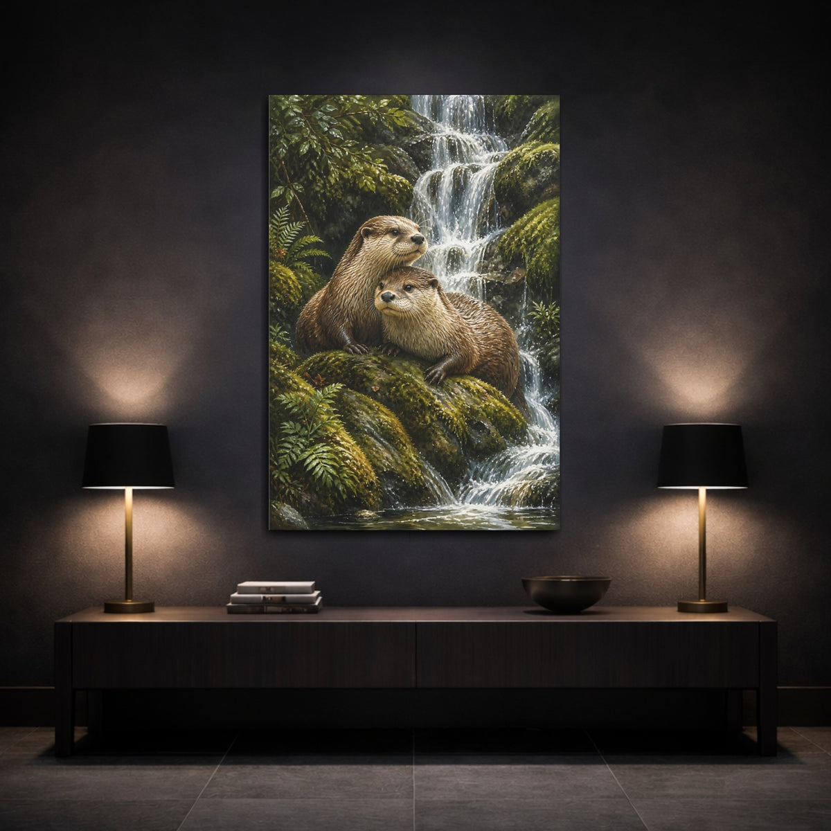 Mockup 3. Animals Otter Pair By Waterfall shown as canvas print