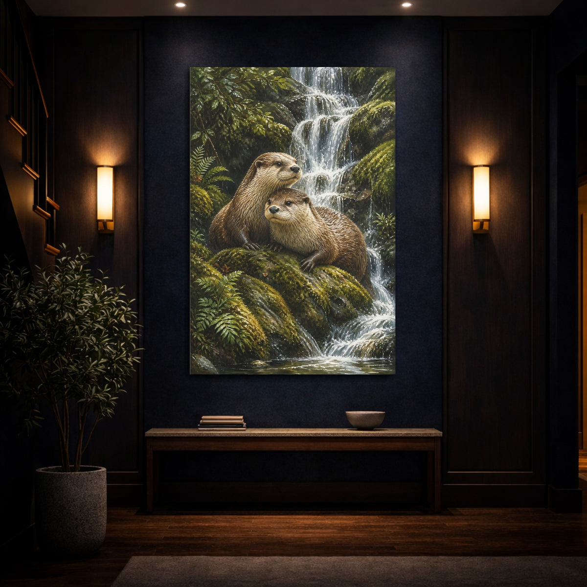 Mockup 4. Animals Otter Pair By Waterfall shown as canvas print