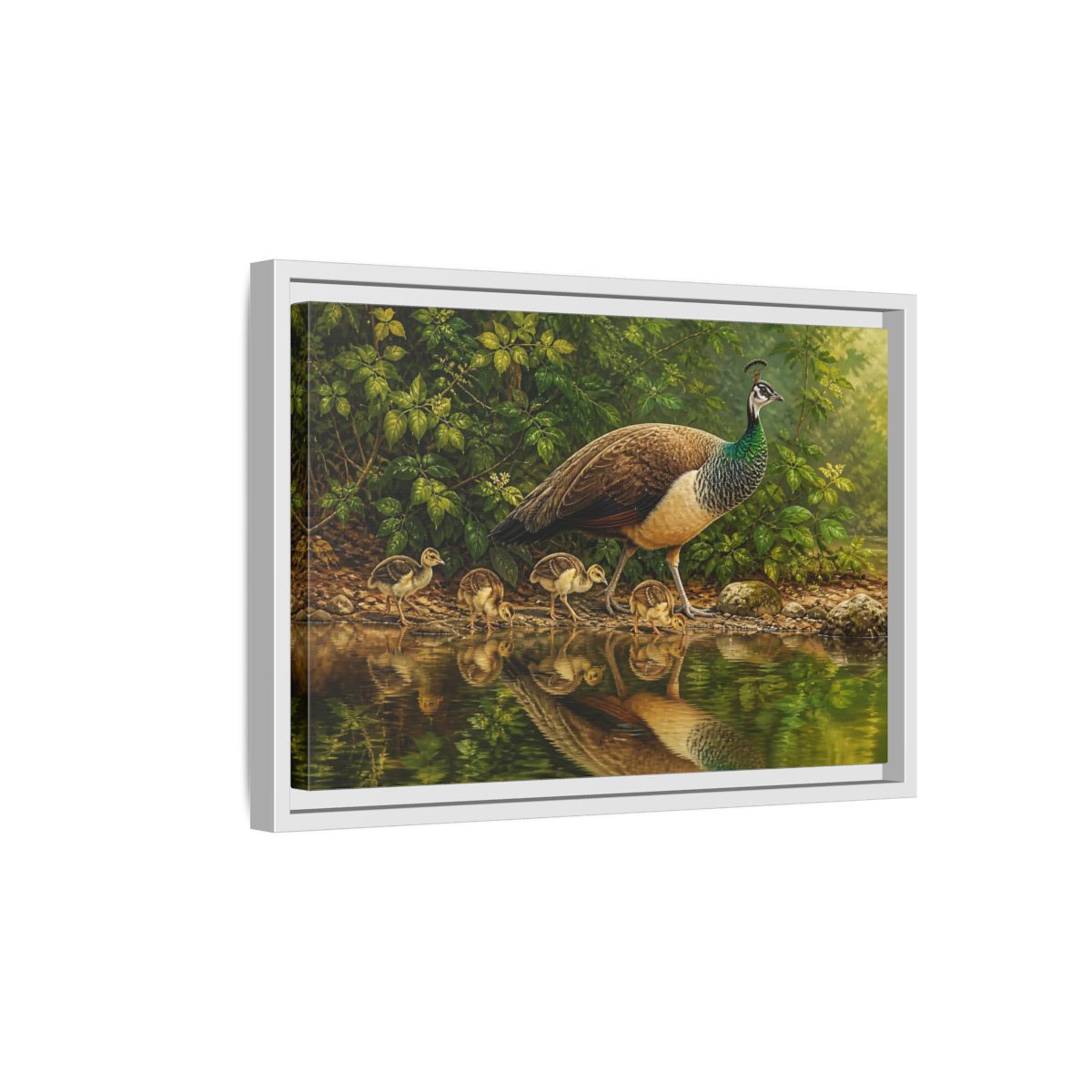 Side Mockup 4. Animals Peahen And Chicks By Pond shown as framed canvas print