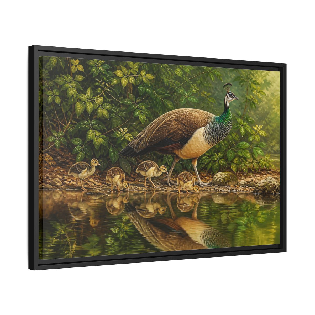 Side Mockup 14. Animals Peahen And Chicks By Pond shown as framed canvas print