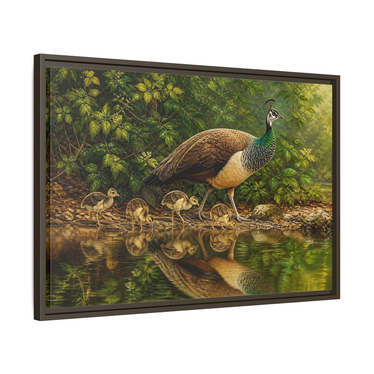 Side Mockup 11. Animals Peahen And Chicks By Pond shown as framed canvas print