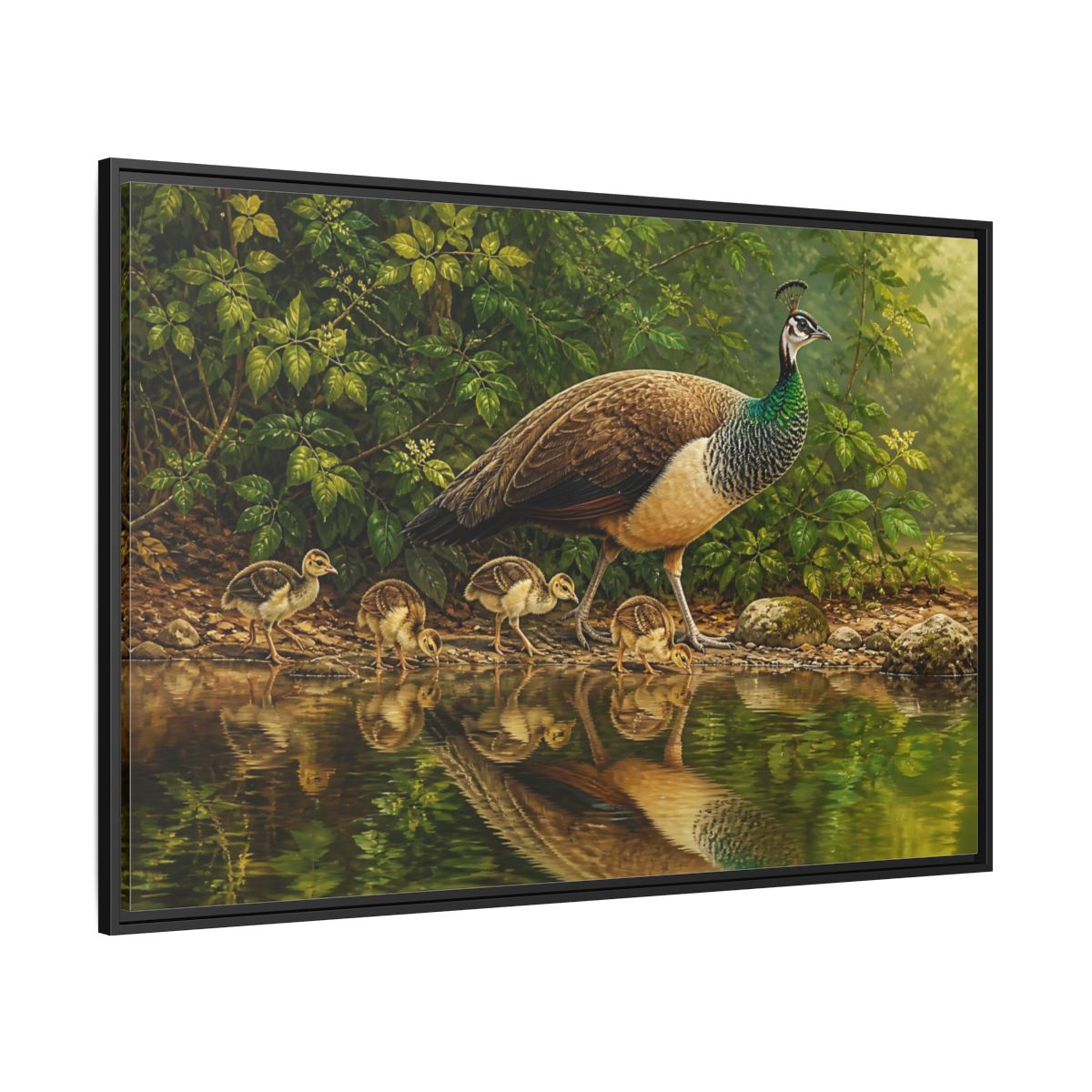 Side Mockup 12. Animals Peahen And Chicks By Pond shown as framed canvas print