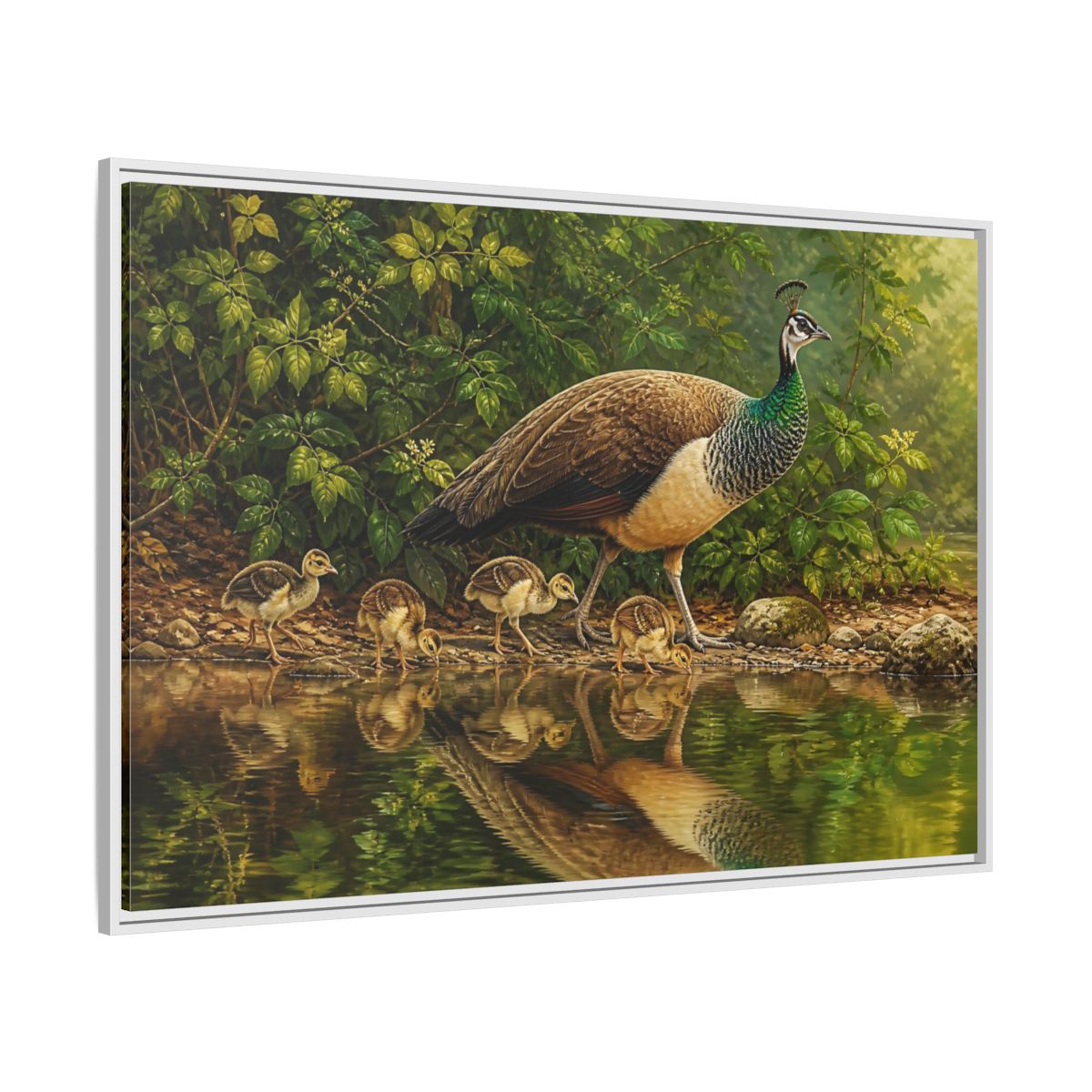 Side Mockup 7. Animals Peahen And Chicks By Pond shown as framed canvas print