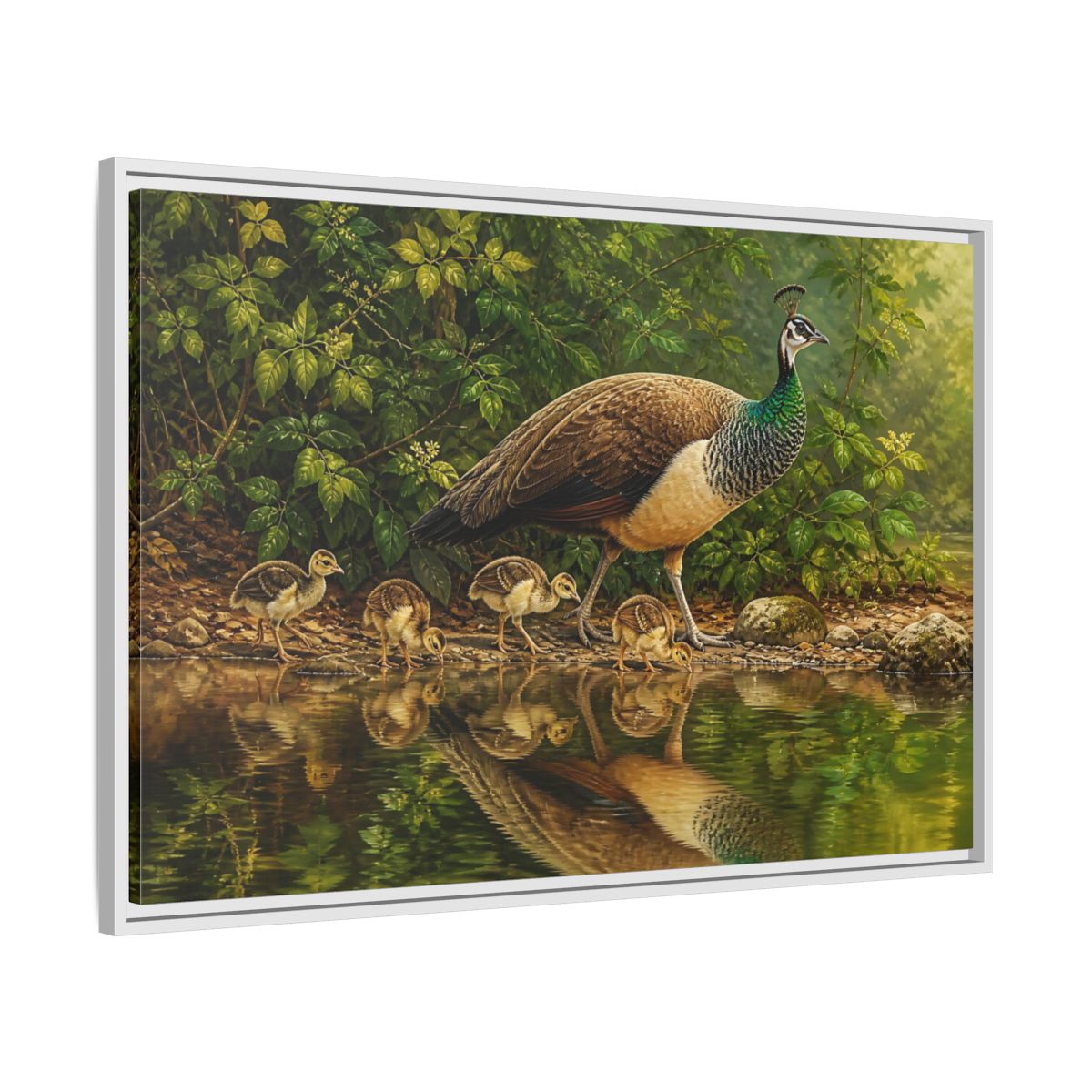 Side Mockup 9. Animals Peahen And Chicks By Pond shown as framed canvas print