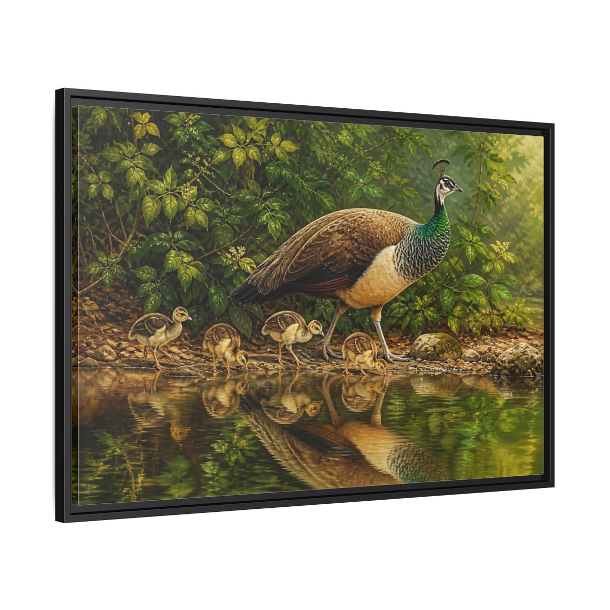 Side Mockup 13. Animals Peahen And Chicks By Pond shown as framed canvas print