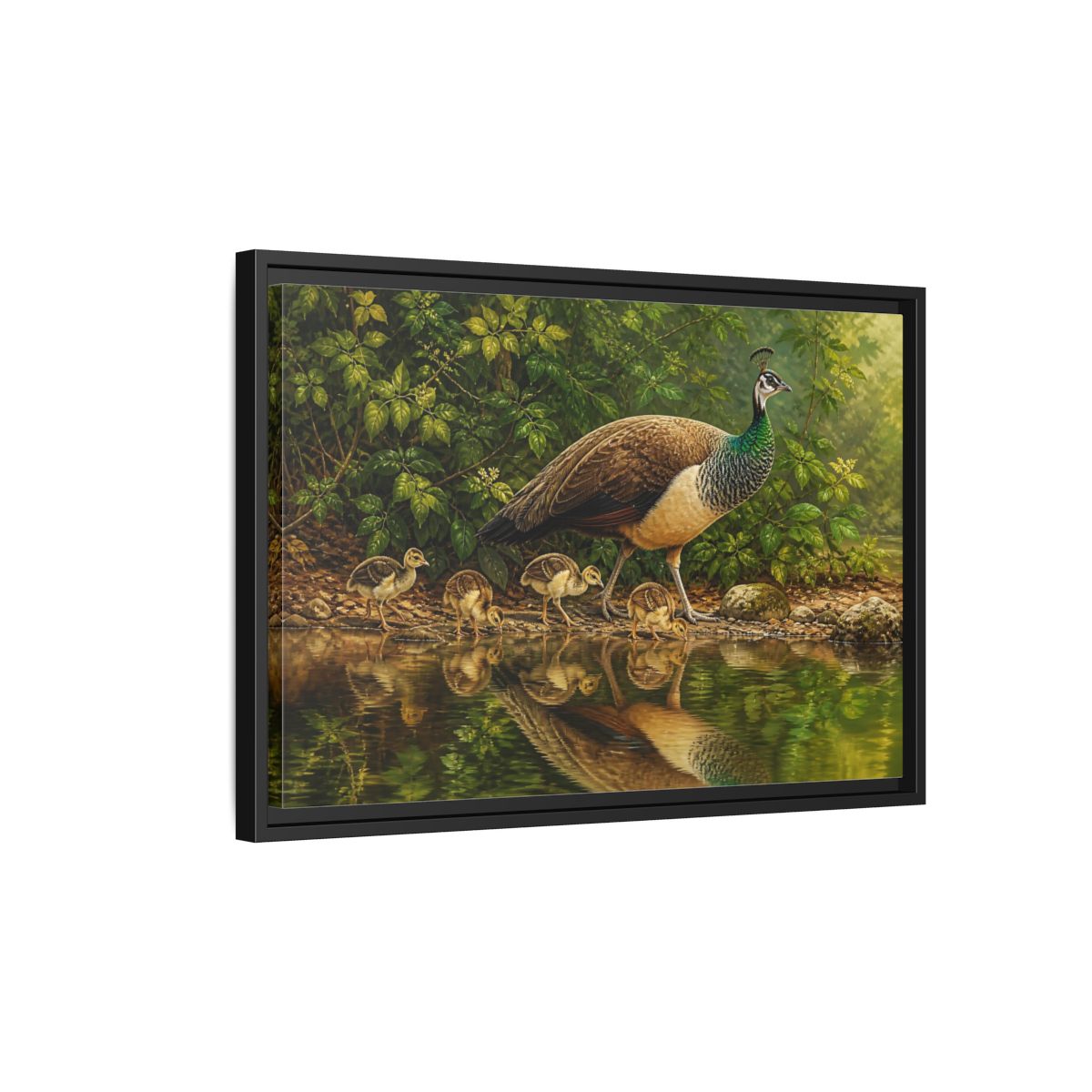 Side Mockup 3. Animals Peahen And Chicks By Pond shown as framed canvas print
