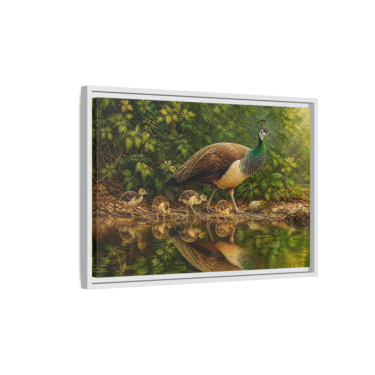 Side Mockup 1. Animals Peahen And Chicks By Pond shown as framed canvas print