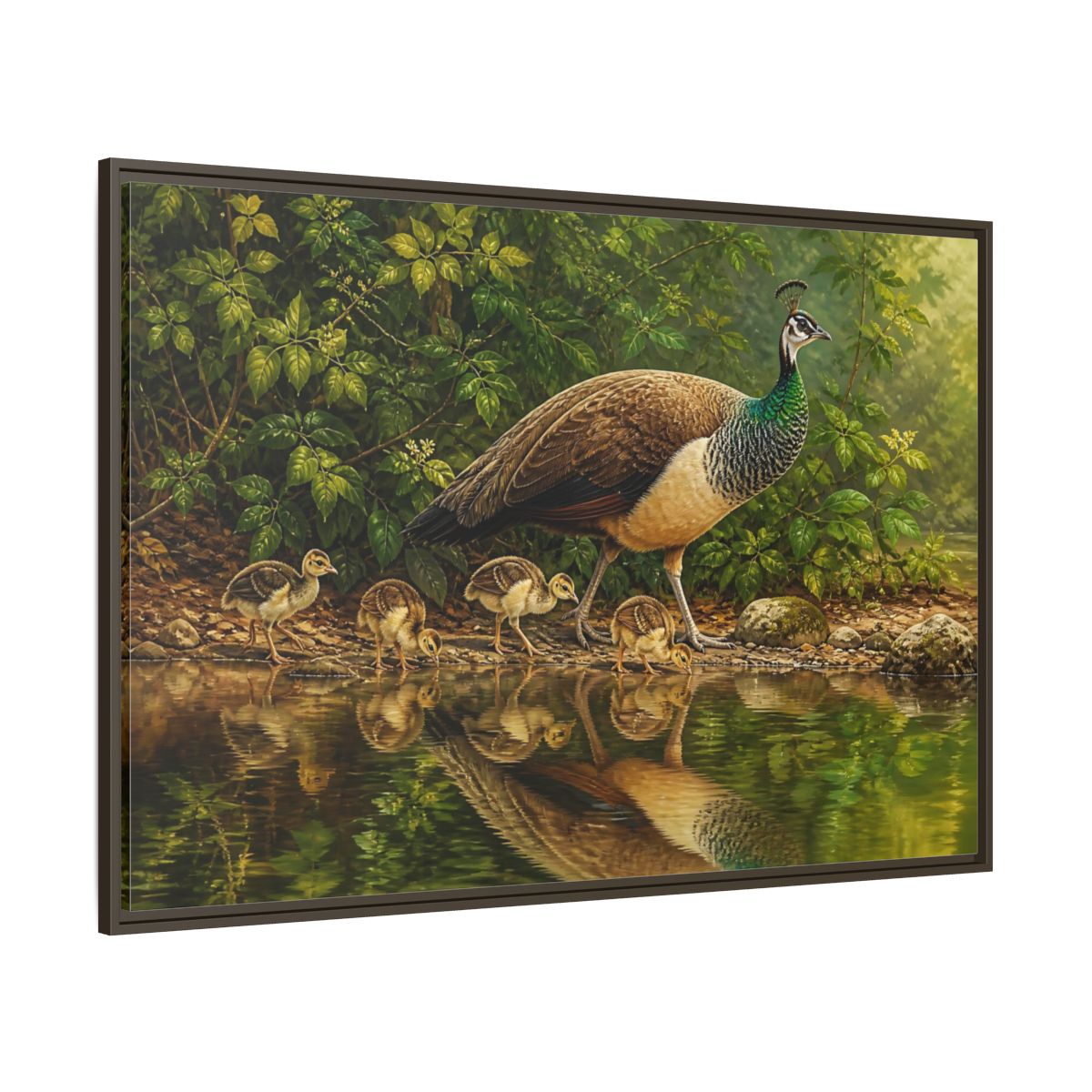 Side Mockup 8. Animals Peahen And Chicks By Pond shown as framed canvas print