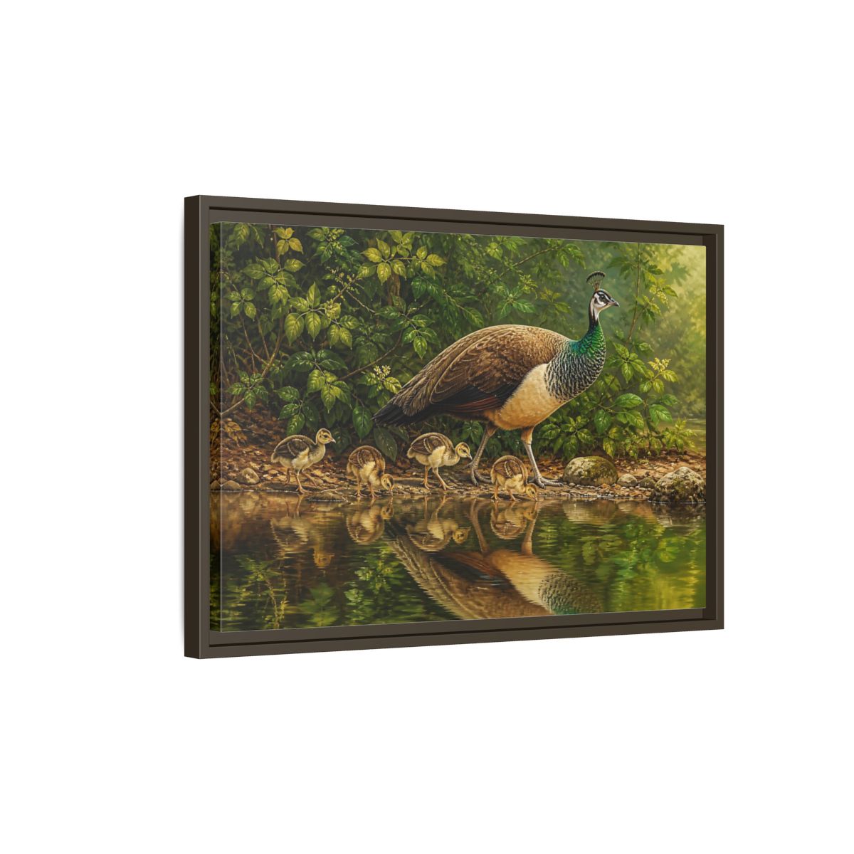 Side Mockup 2. Animals Peahen And Chicks By Pond shown as framed canvas print