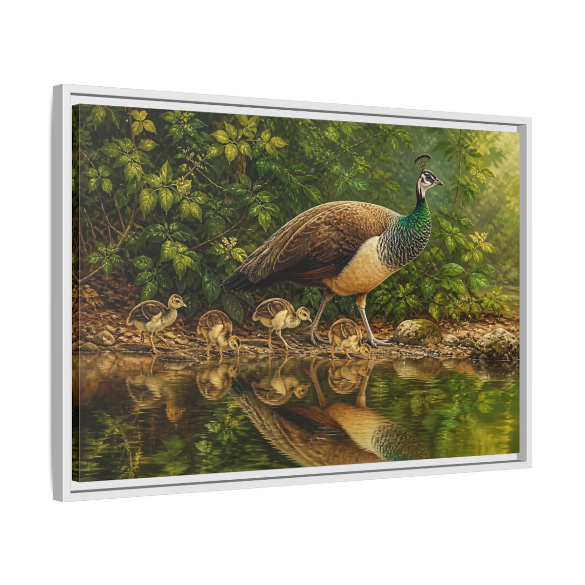 Side Mockup 10. Animals Peahen And Chicks By Pond shown as framed canvas print