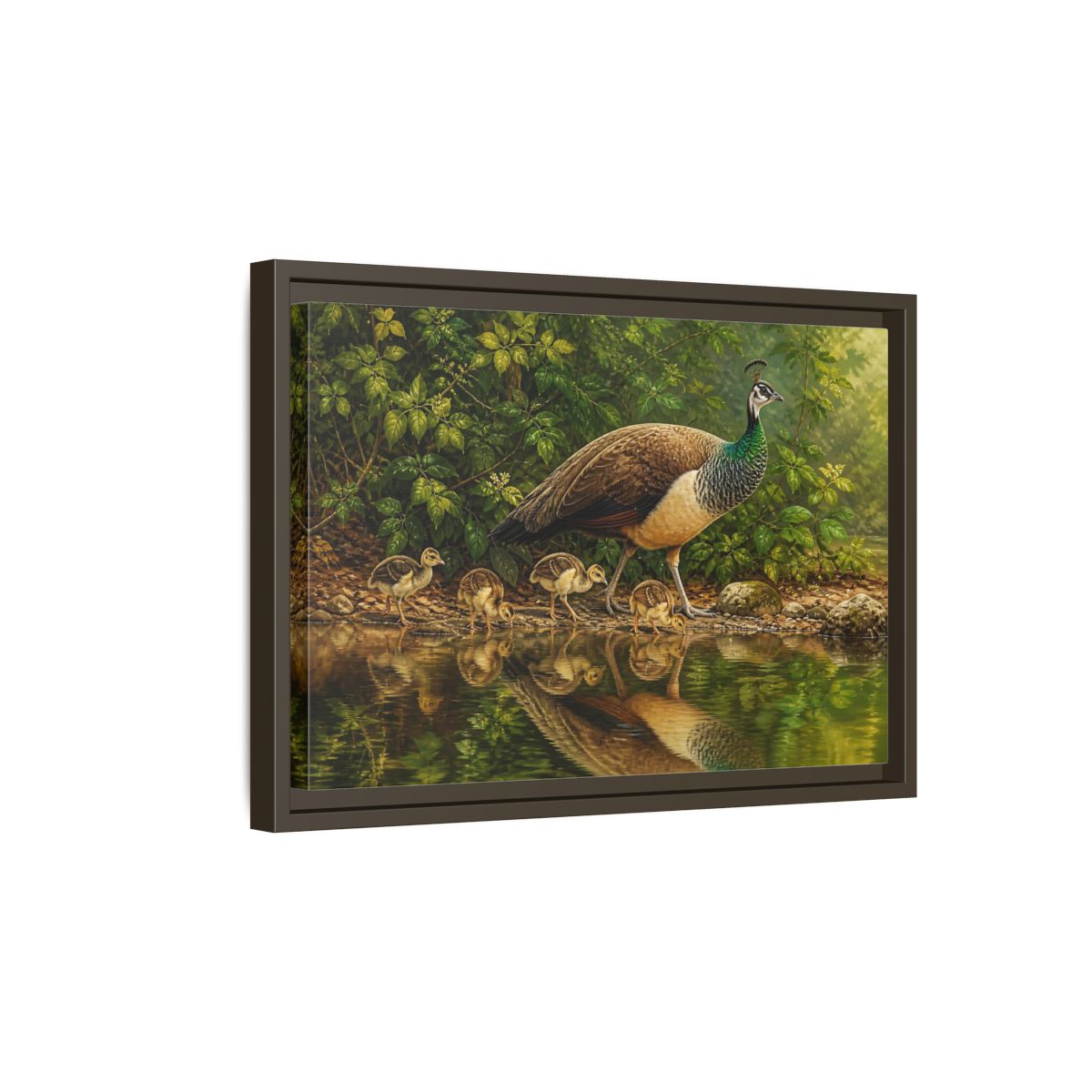 Side Mockup 5. Animals Peahen And Chicks By Pond shown as framed canvas print