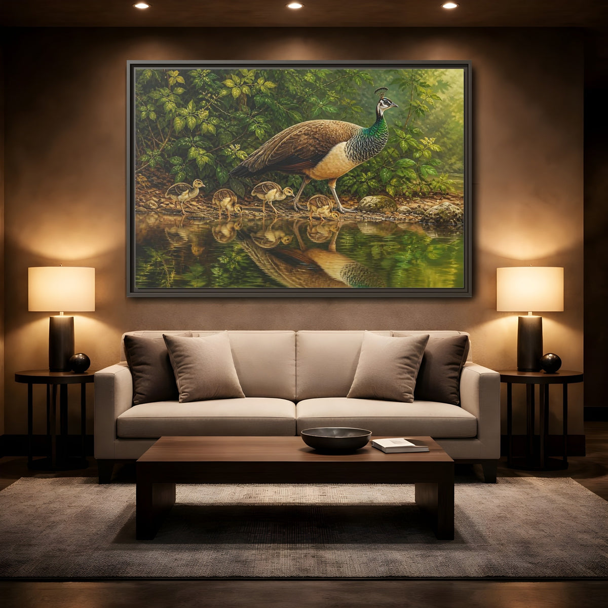 Mockup 2. Animals Peahen And Chicks By Pond shown as framed canvas print