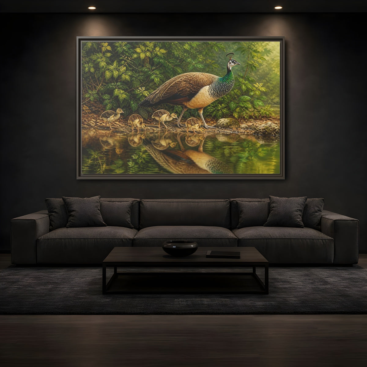 Mockup 3. Animals Peahen And Chicks By Pond shown as framed canvas print