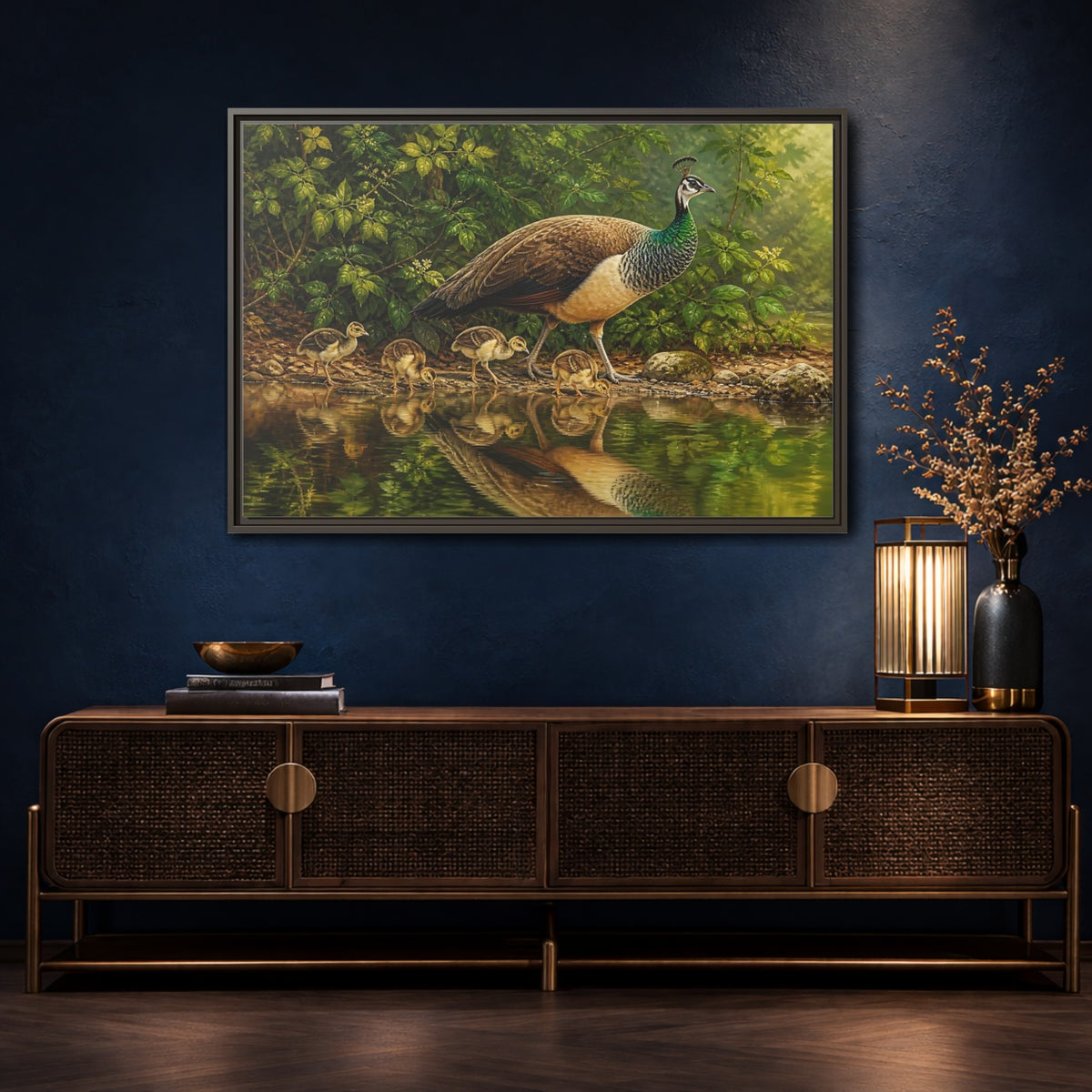 Mockup 4. Animals Peahen And Chicks By Pond shown as framed canvas print