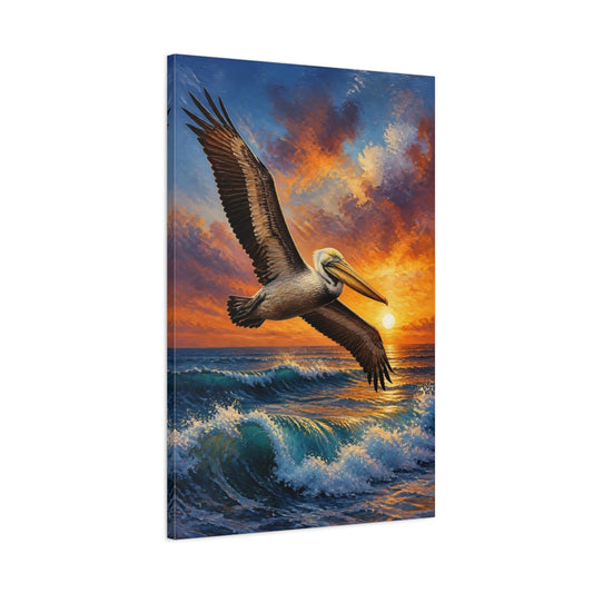 Main Mockup. Animals Pelican Sunset Flight shown as canvas print