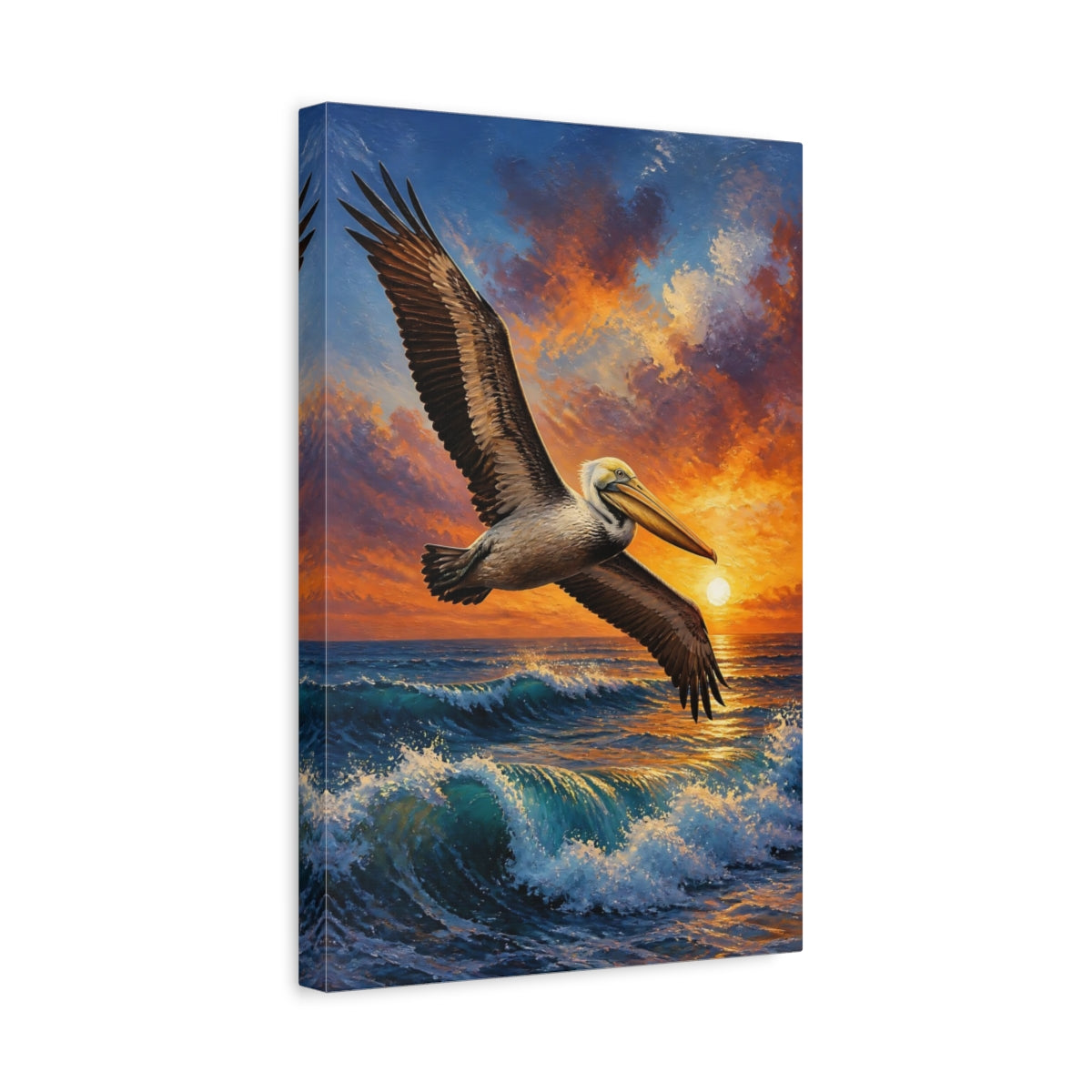 Side Mockup 4. Animals Pelican Sunset Flight shown as canvas print