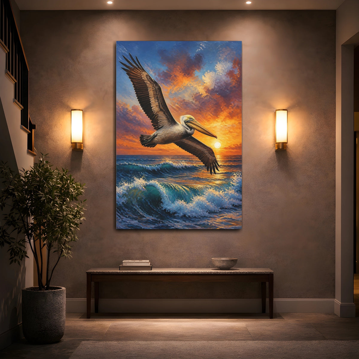 Mockup 2. Animals Pelican Sunset Flight shown as canvas print