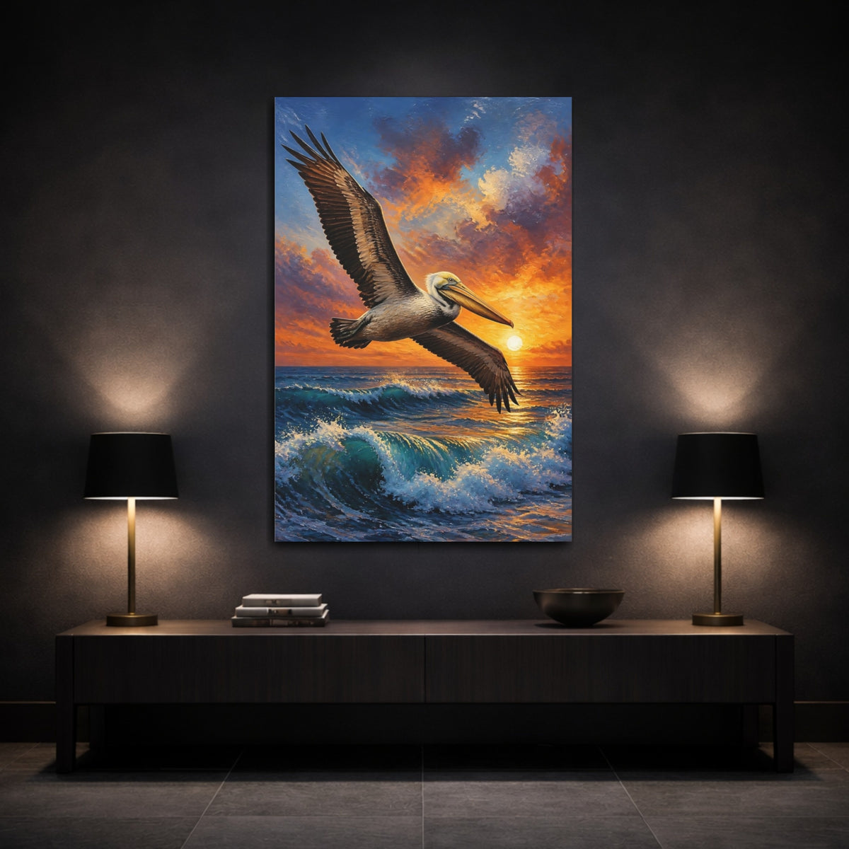 Mockup 3. Animals Pelican Sunset Flight shown as canvas print