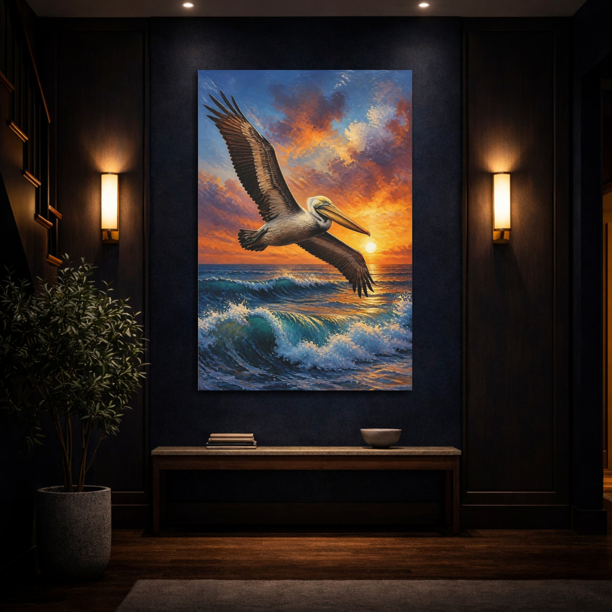 Mockup 4. Animals Pelican Sunset Flight shown as canvas print
