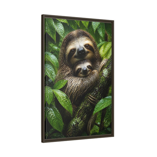 Main Mockup. Animals Rain-Soaked Sloth Embrace shown as framed canvas print