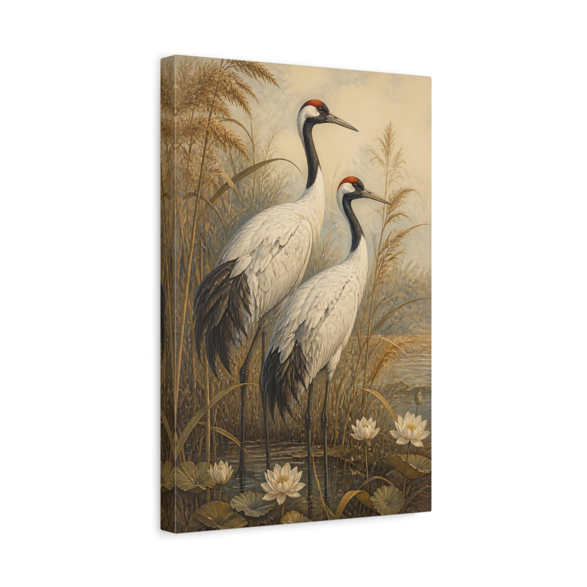 Side Mockup 4. Animals Red-Crowned Crane Pair shown as canvas print