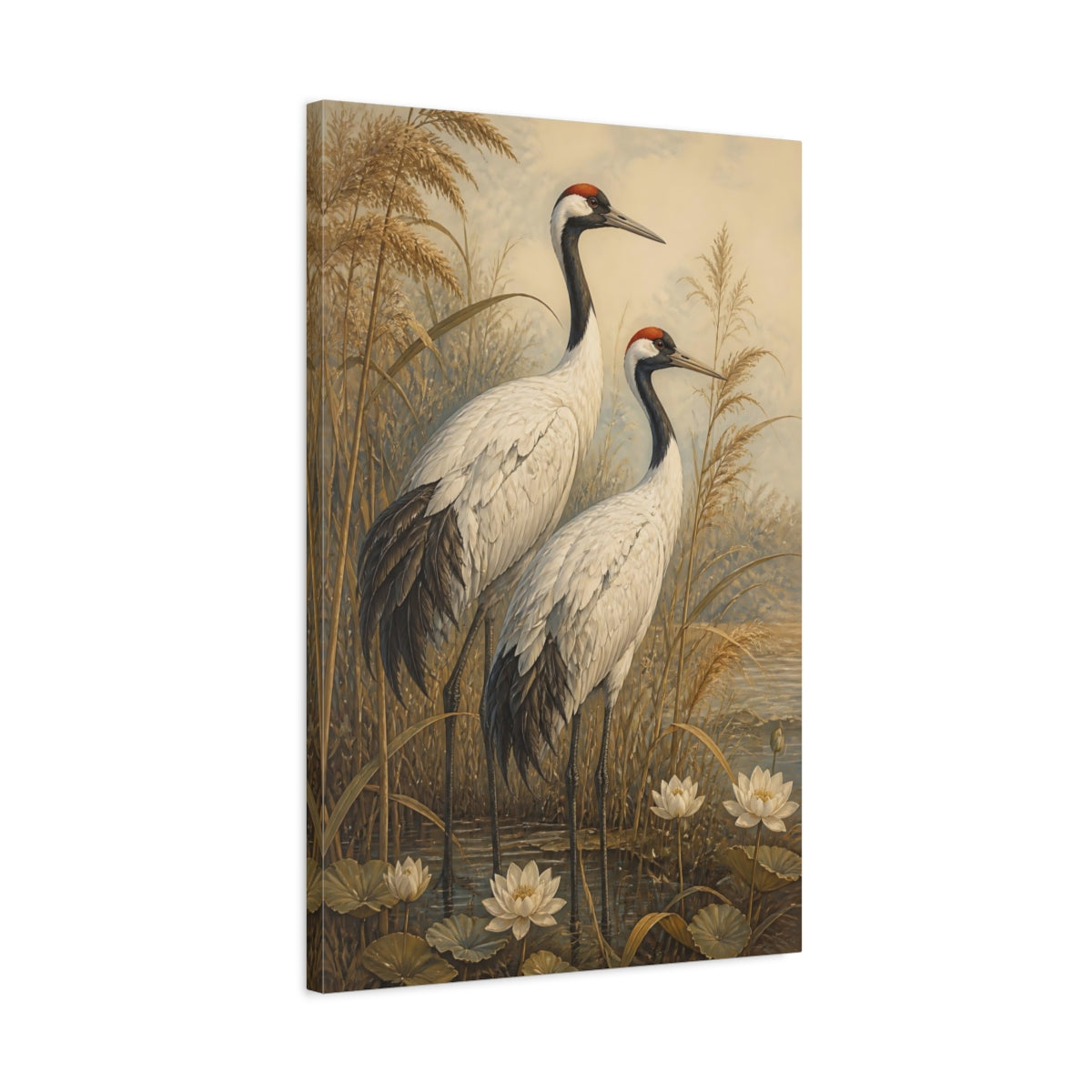 Side Mockup 2. Animals Red-Crowned Crane Pair shown as canvas print