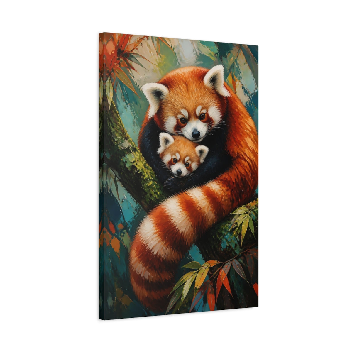 Side Mockup 2. Animals Red Panda Mother & Cub shown as canvas print