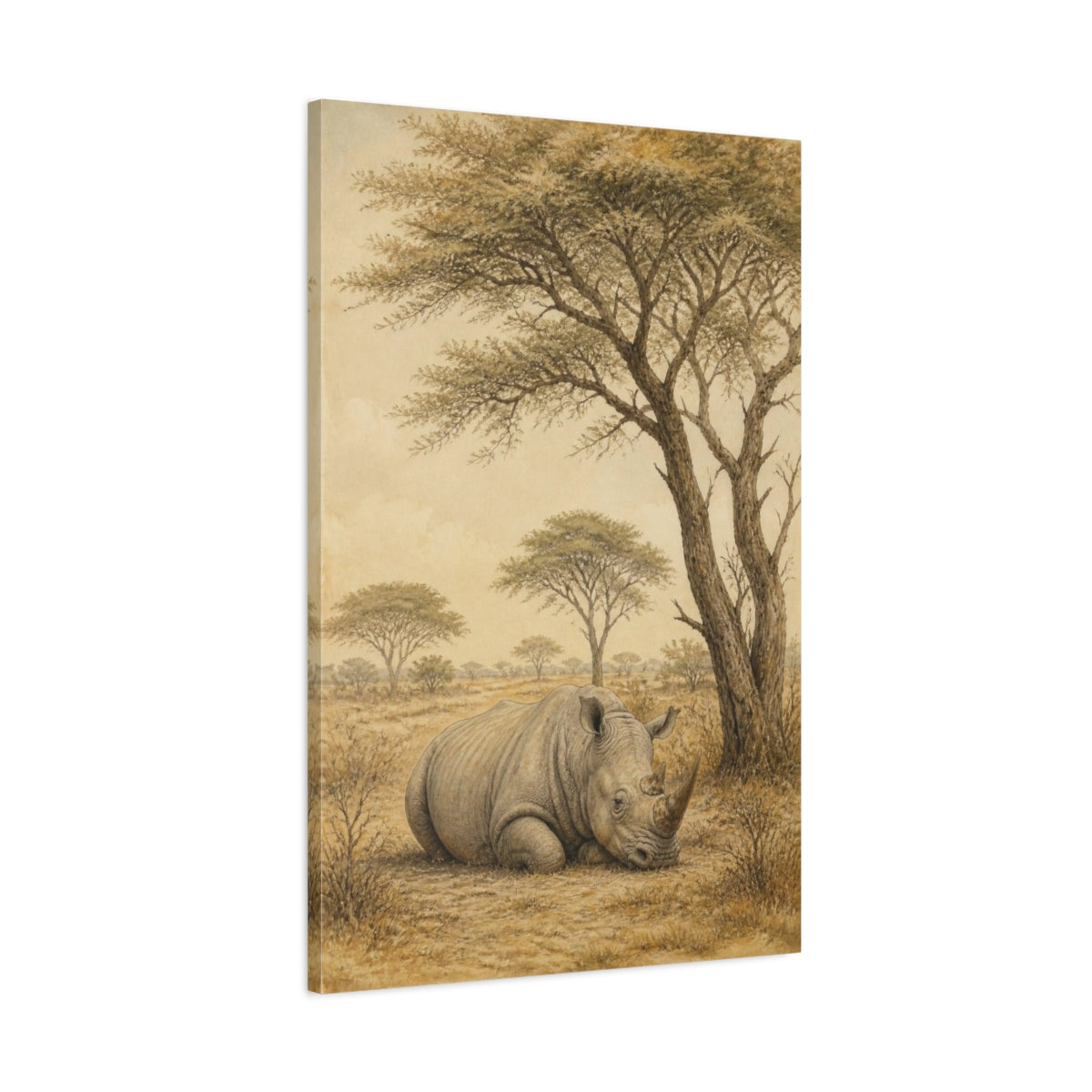 Main Mockup. Animals Resting Rhino In Savanna shown as canvas print