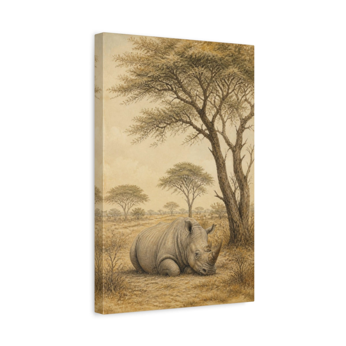 Side Mockup 4. Animals Resting Rhino In Savanna shown as canvas print