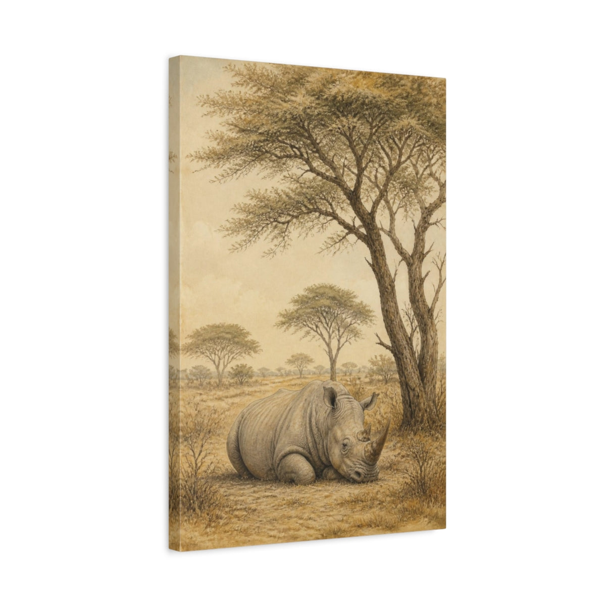 Side Mockup 3. Animals Resting Rhino In Savanna shown as canvas print