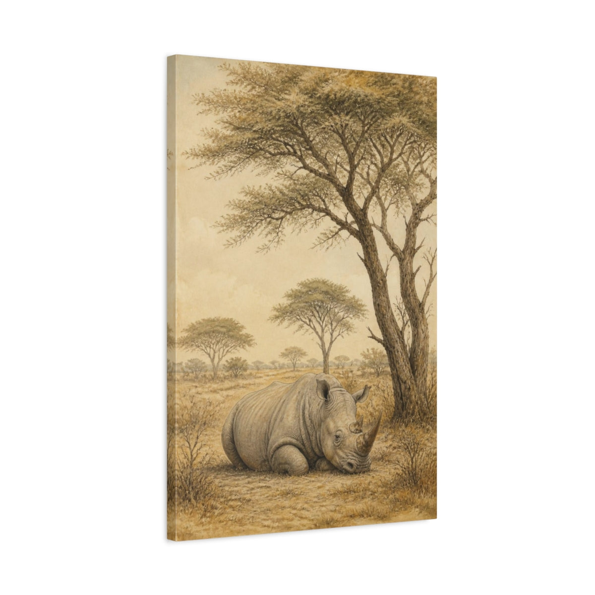 Side Mockup 2. Animals Resting Rhino In Savanna shown as canvas print