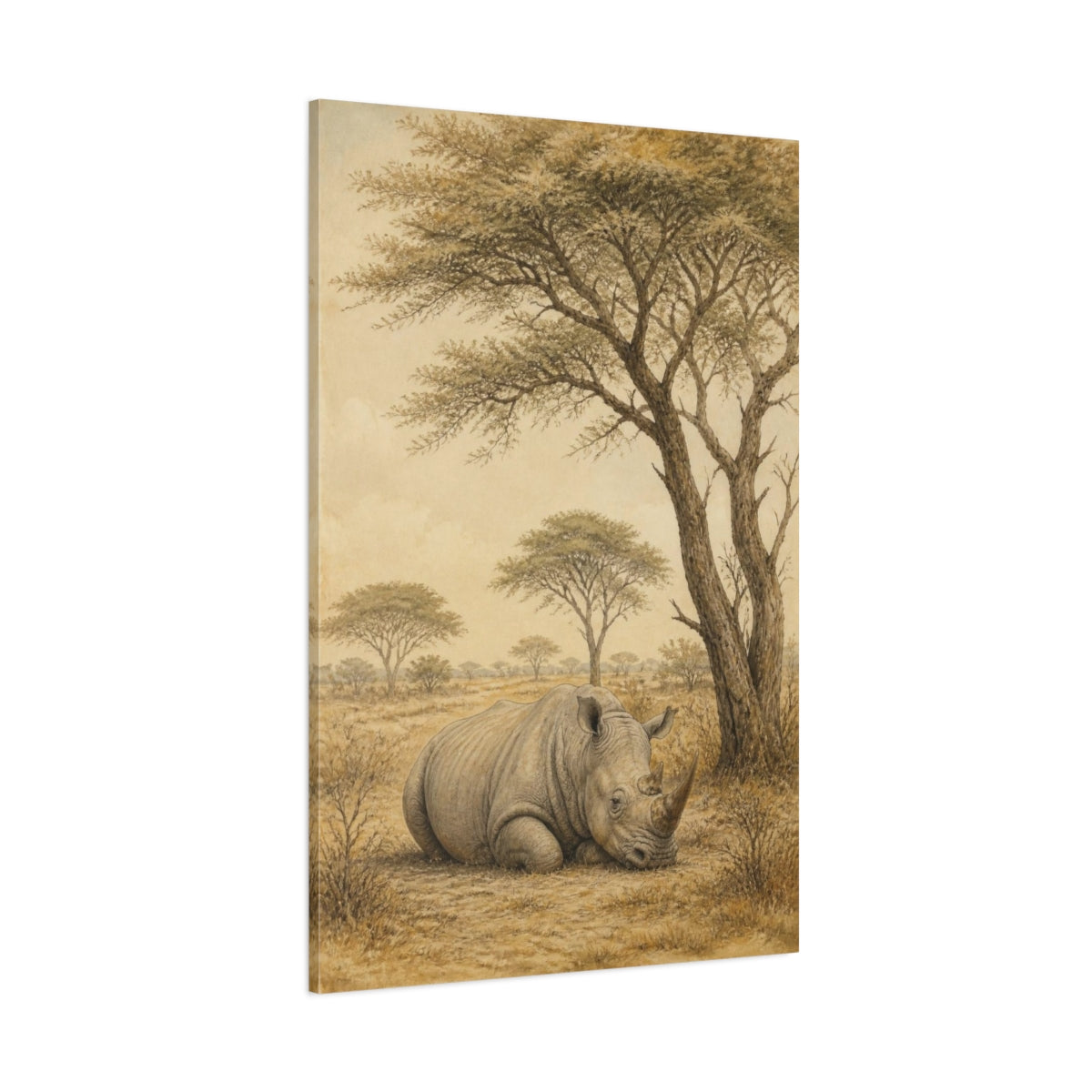 Side Mockup 1. Animals Resting Rhino In Savanna shown as canvas print