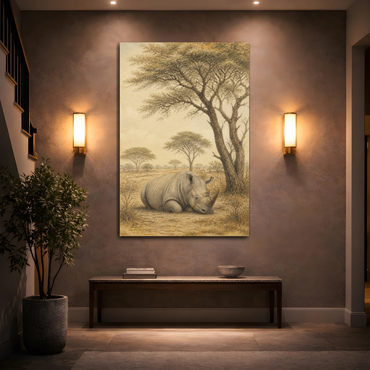 Mockup 2. Animals Resting Rhino In Savanna shown as canvas print