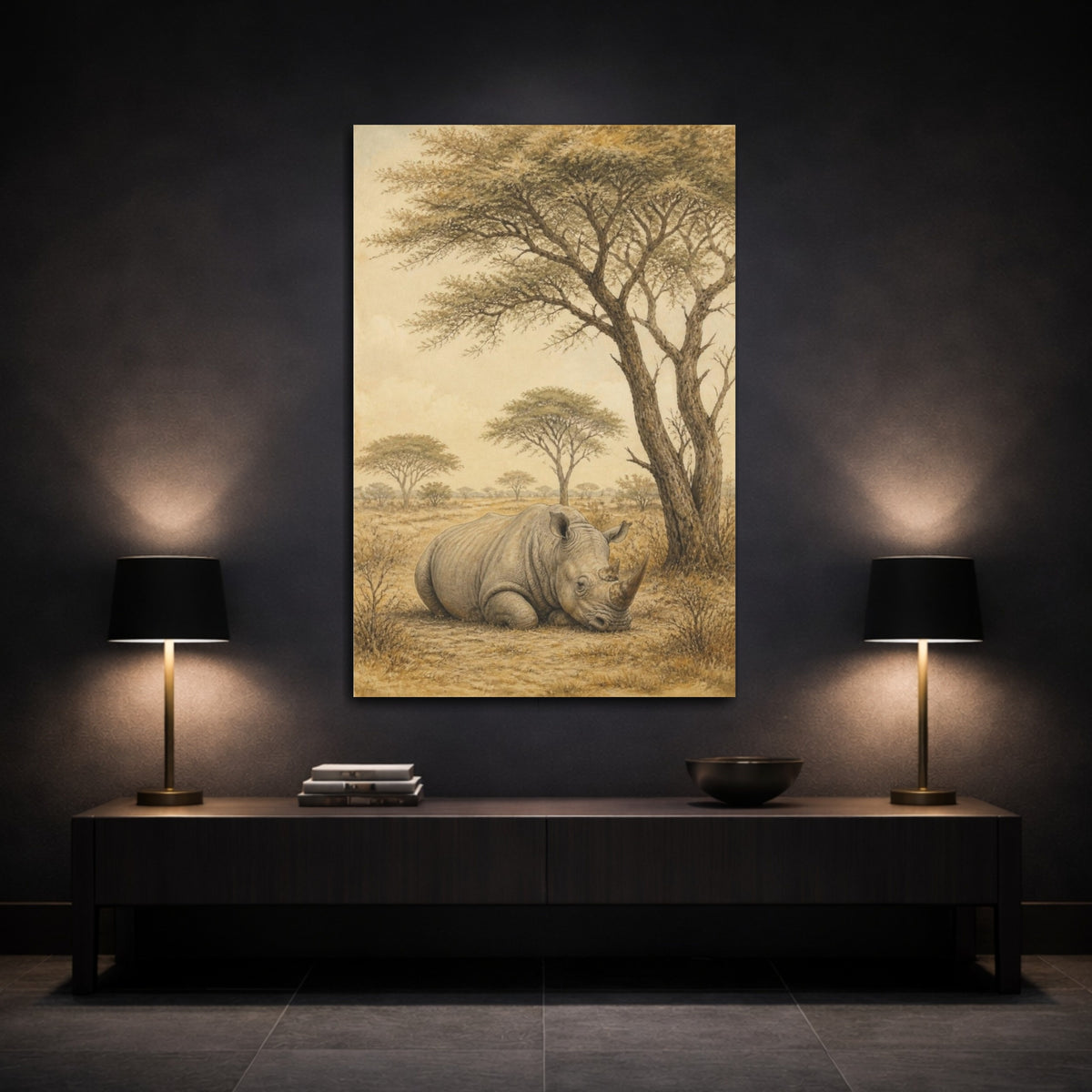 Mockup 3. Animals Resting Rhino In Savanna shown as canvas print