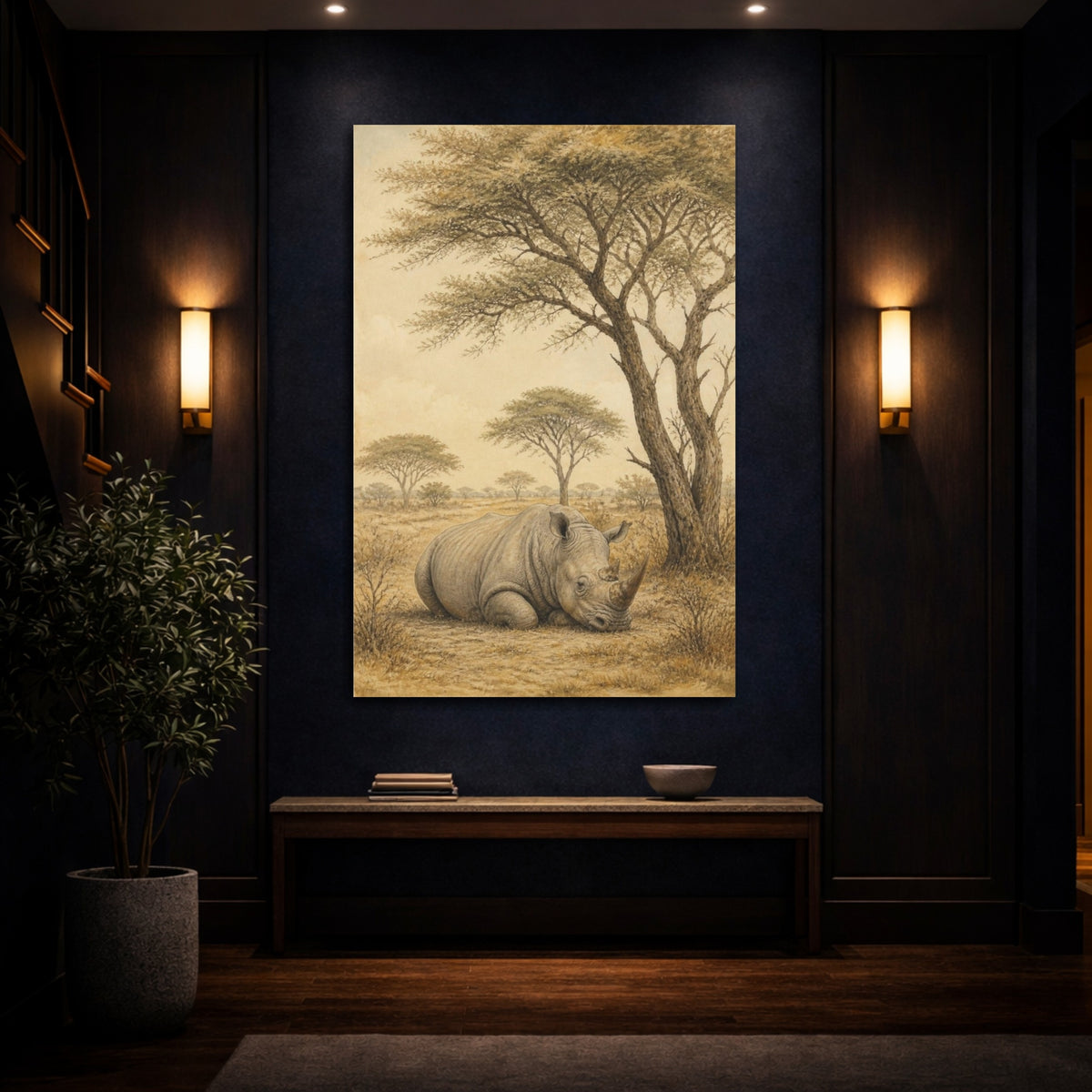 Mockup 4. Animals Resting Rhino In Savanna shown as canvas print