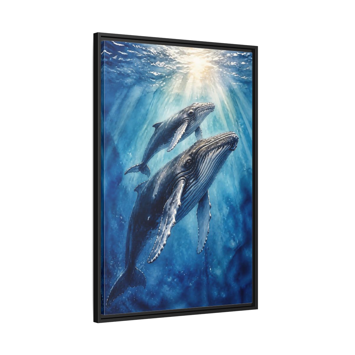 Side Mockup 13. Animals Rising Humpback Whales shown as framed canvas print