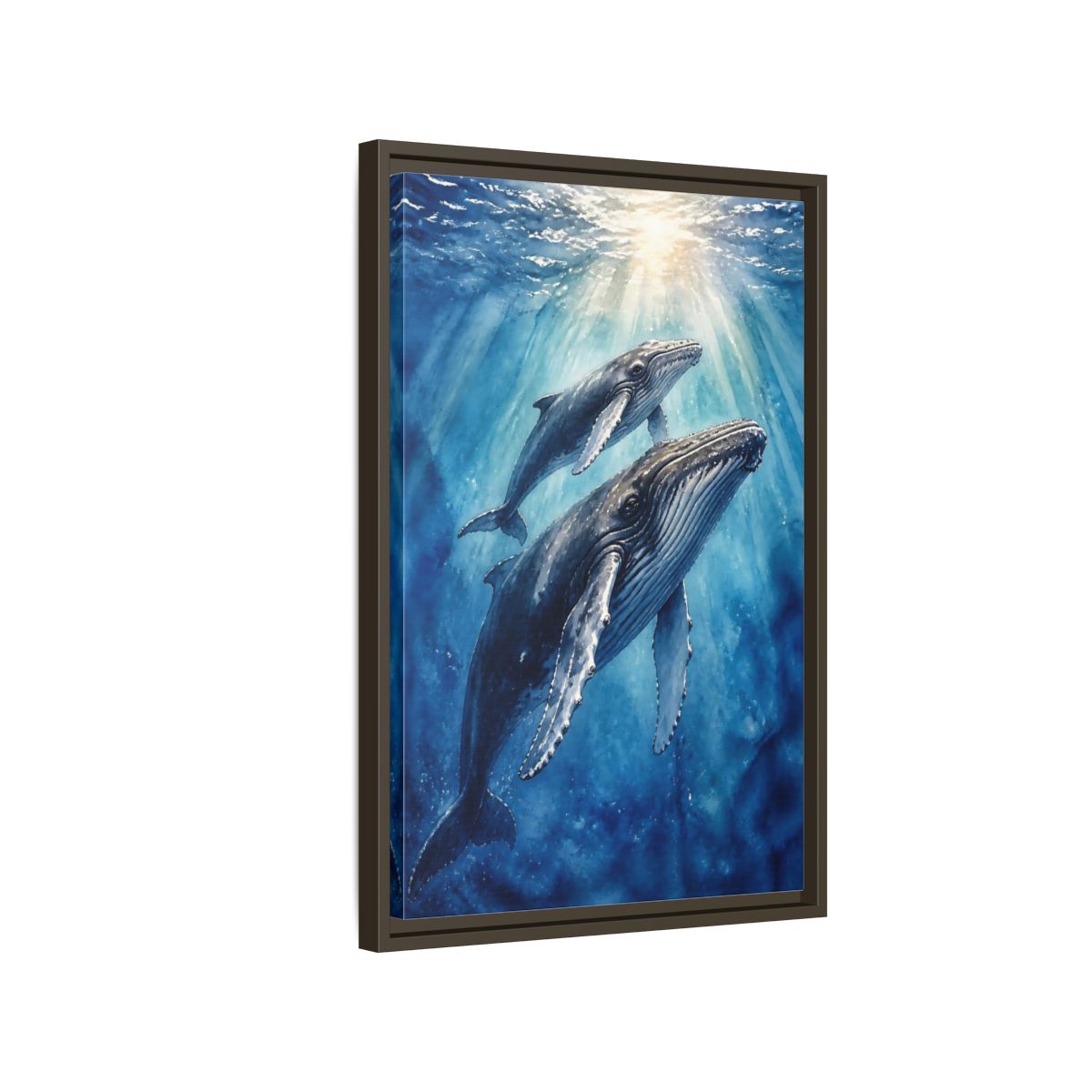 Side Mockup 2. Animals Rising Humpback Whales shown as framed canvas print