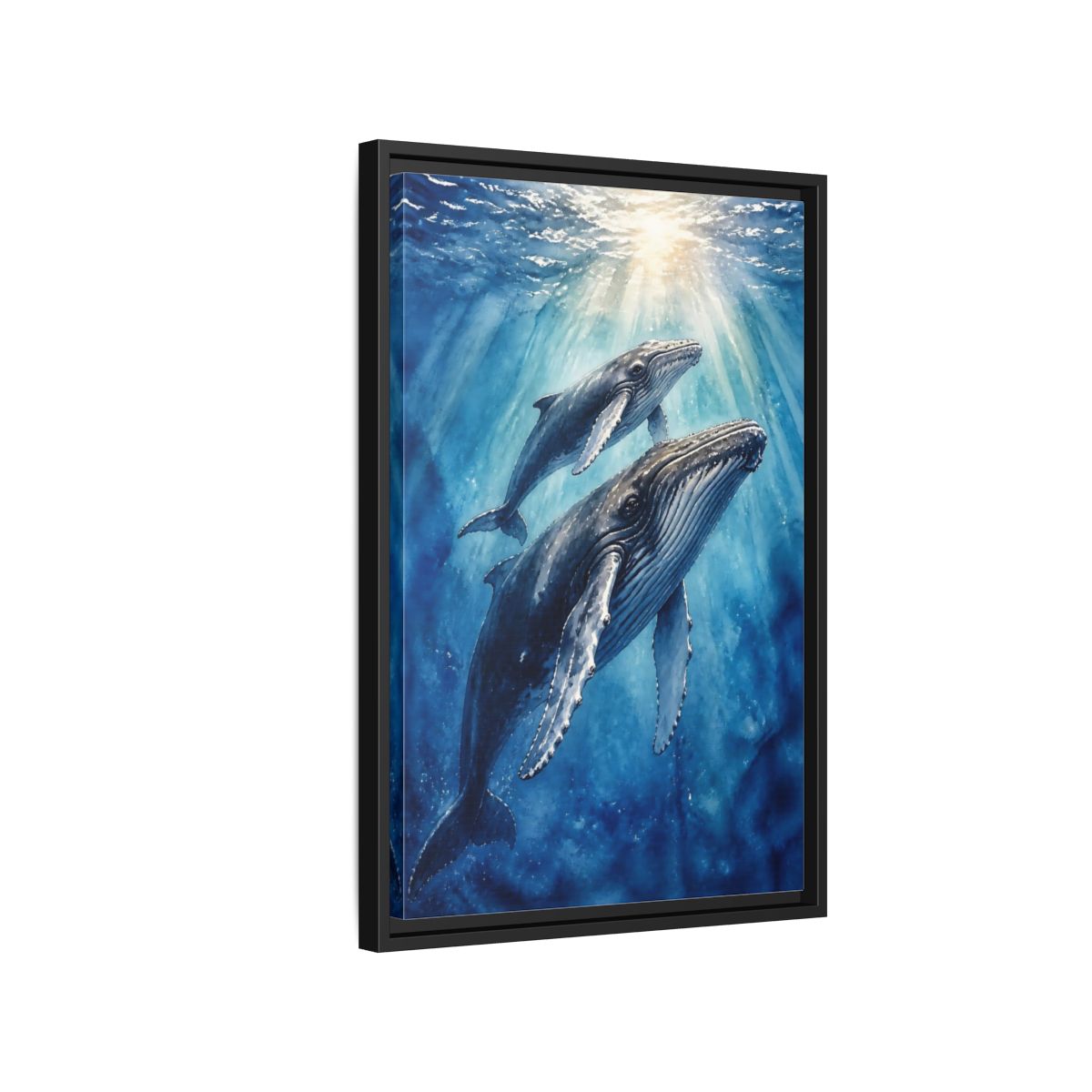 Side Mockup 3. Animals Rising Humpback Whales shown as framed canvas print
