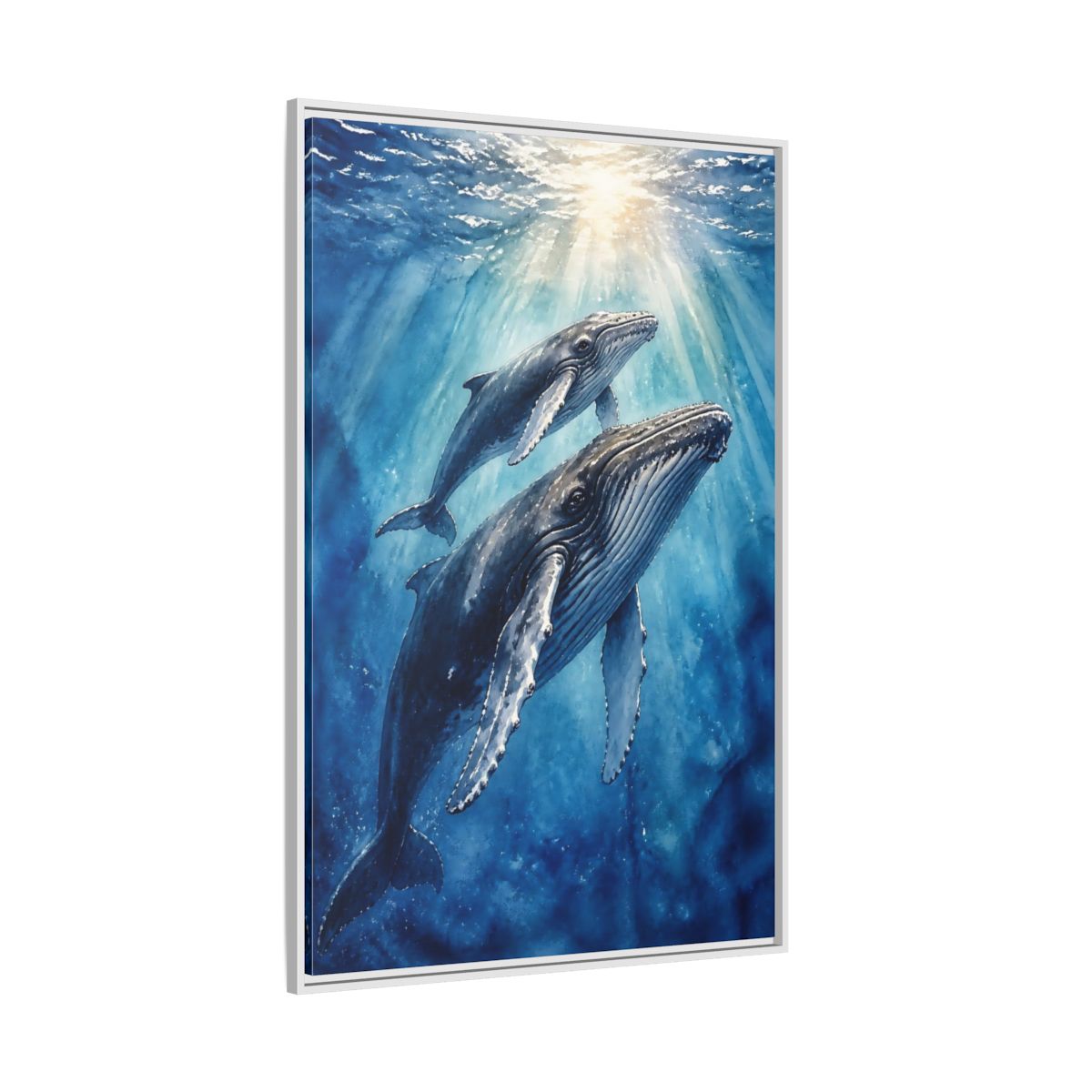 Side Mockup 7. Animals Rising Humpback Whales shown as framed canvas print