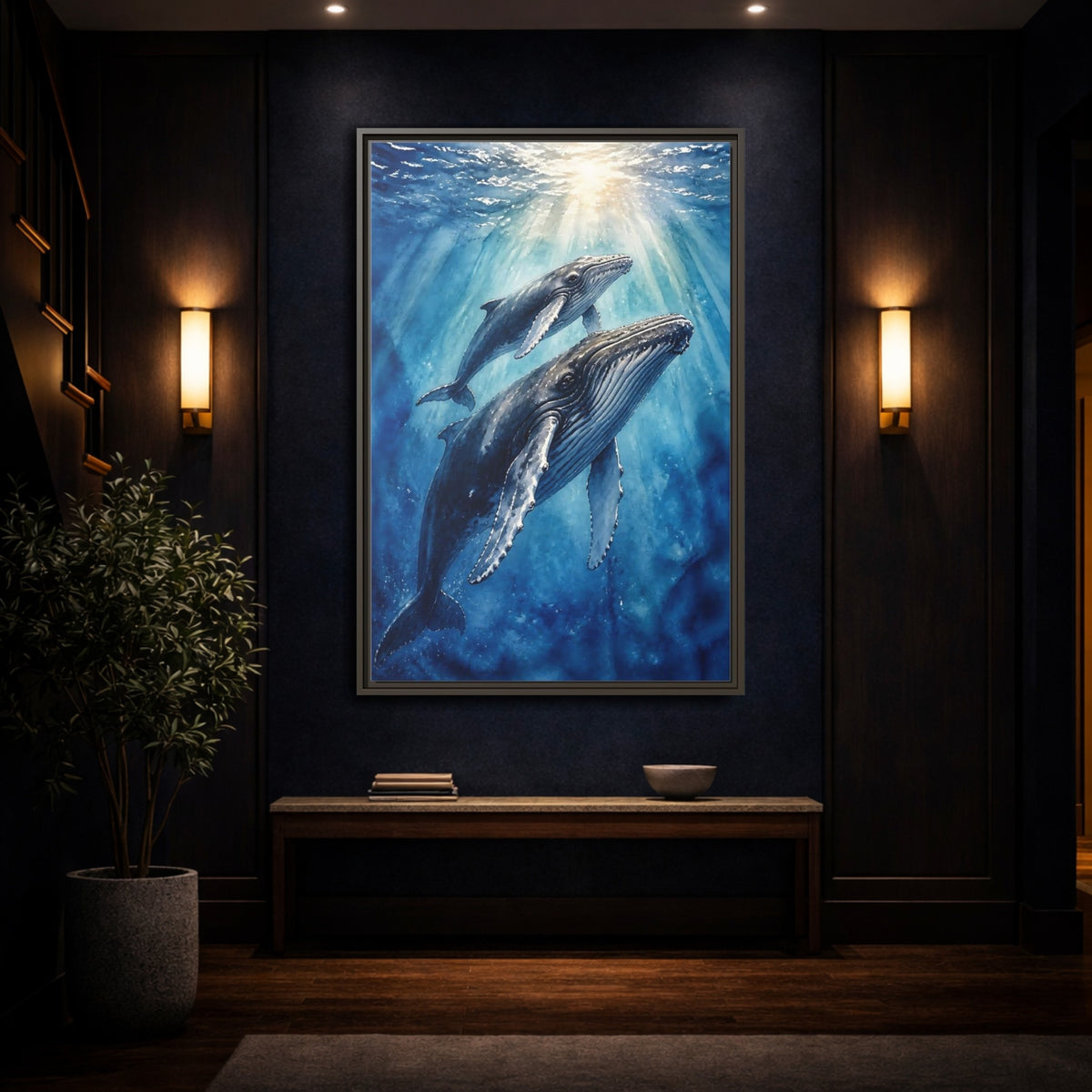 Mockup 4. Animals Rising Humpback Whales shown as framed canvas print