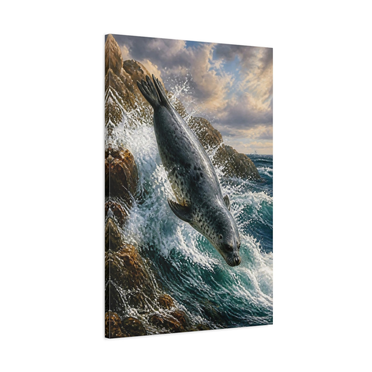 Main Mockup. Animals Seal Diving Into Surf shown as canvas print