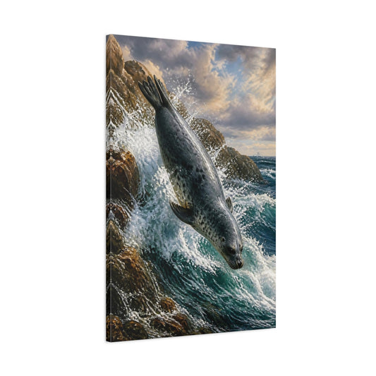 Main Mockup. Animals Seal Diving Into Surf shown as canvas print