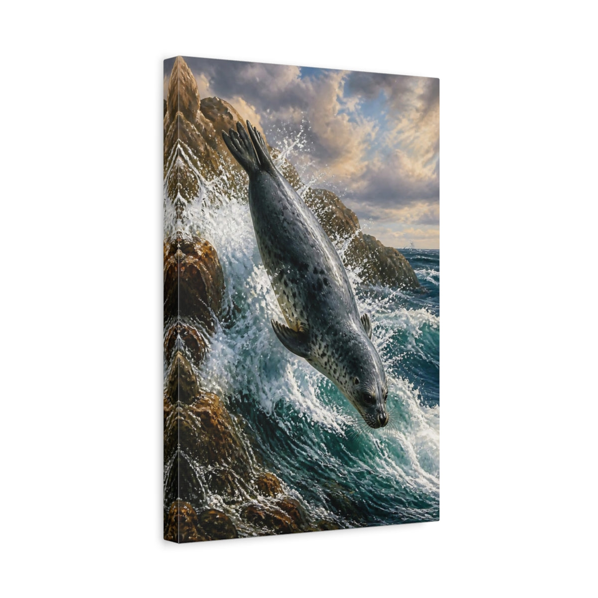 Side Mockup 4. Animals Seal Diving Into Surf shown as canvas print