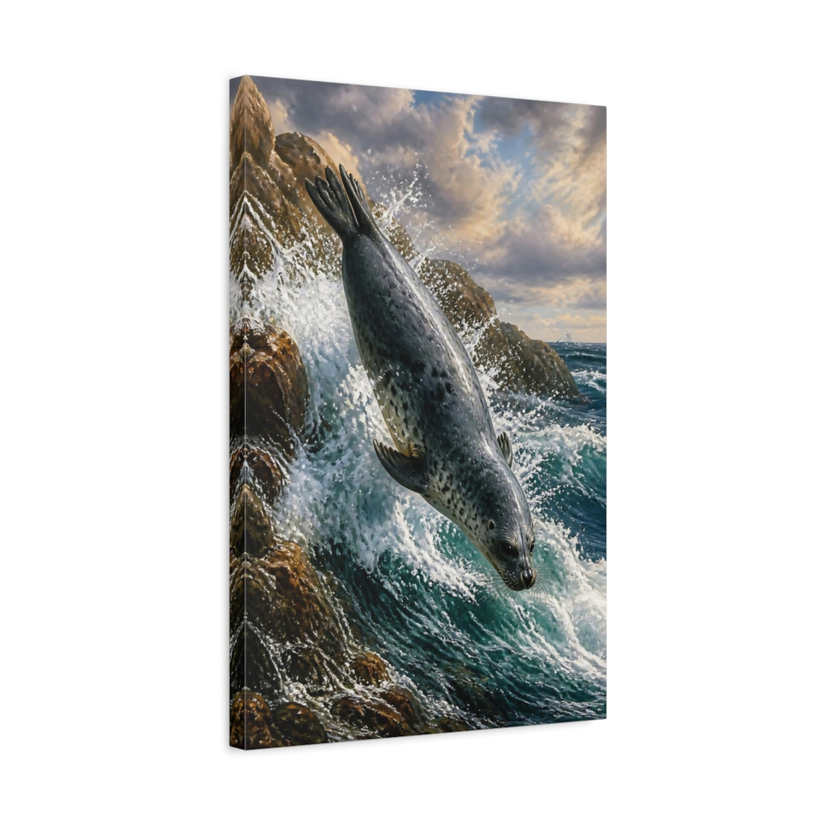 Side Mockup 3. Animals Seal Diving Into Surf shown as canvas print