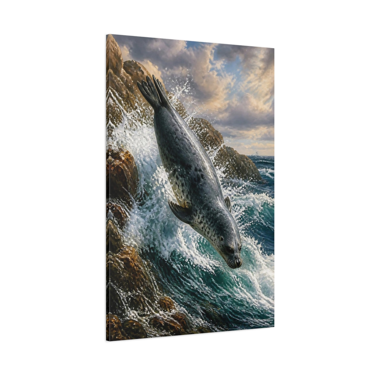 Side Mockup 1. Animals Seal Diving Into Surf shown as canvas print